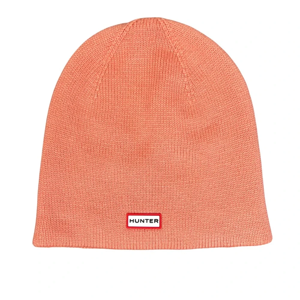 Hunter Original Knit Beanie Hat Coral Pink Rubber Logo Patch Womens One Size